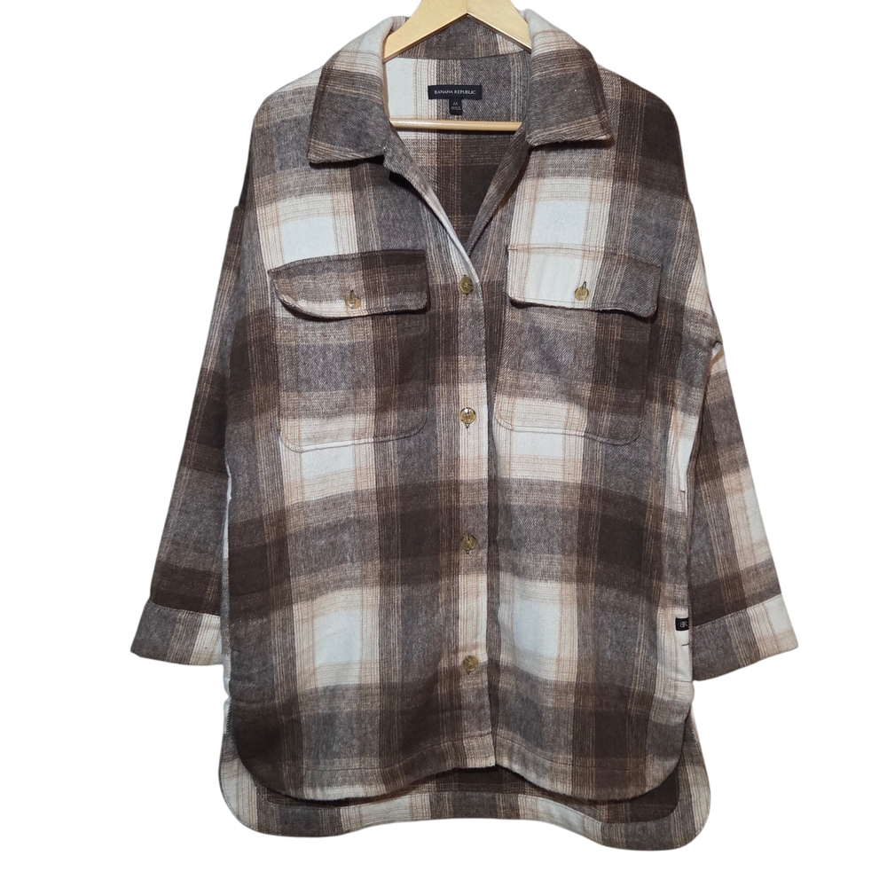 Banana Republic Women’s Plaid Shacket Oversized Wool Blend Brown Beige M
